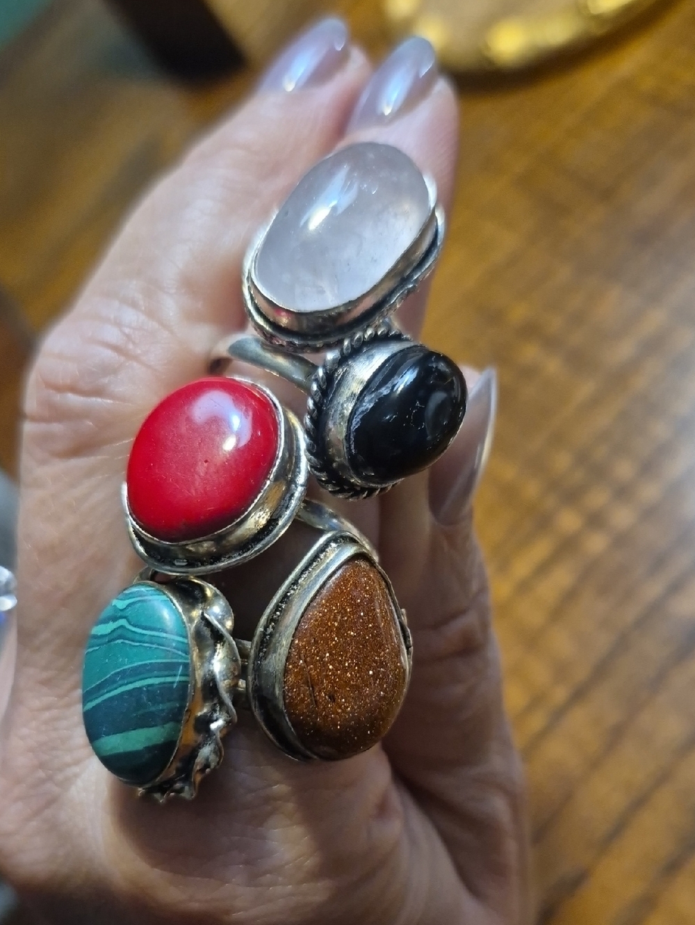 Sterling Silver (Untested) Multi-Stone Natural Stone Statement Ring Bundle Of 5